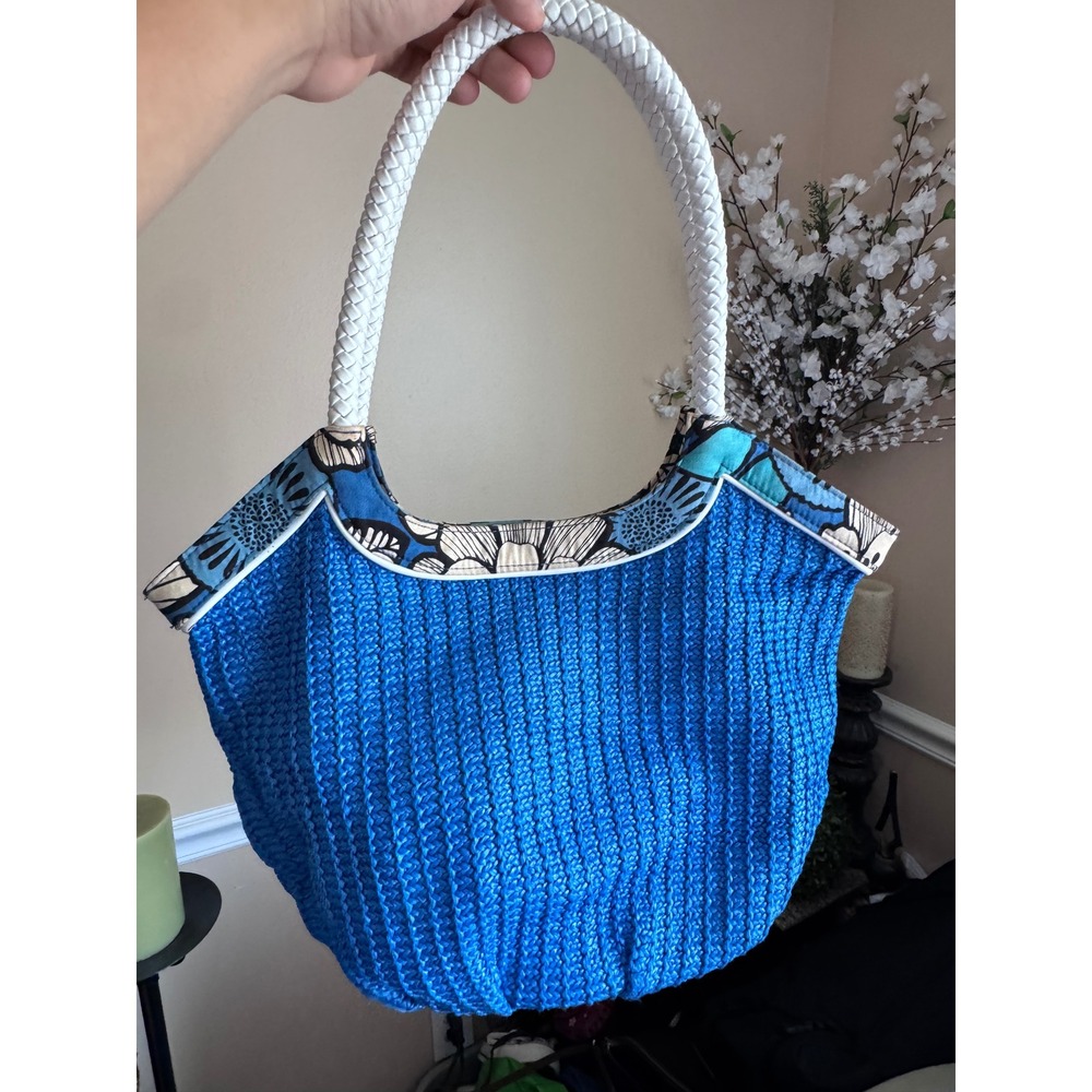Vera Bradley Blue Woven Straw Tote Bag Floral Trim Braided Handles Snap Closure